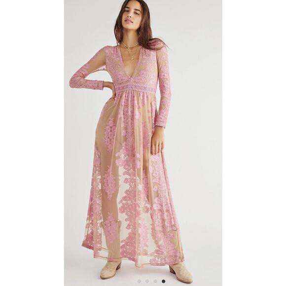For Love & Lemons Temecula Maxi Dress Pink Embroidered Mesh Size Small NWT - Picture 1 of 9